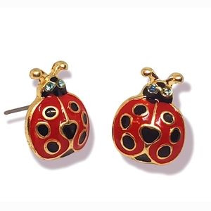 Lucky Red Ladybug earrings studs gold-tone rhinestones eyes cute 🐞